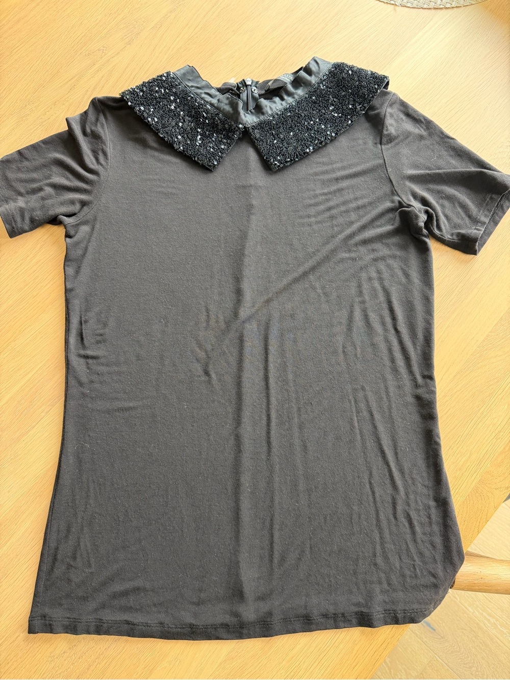 Weekend Max Mara Black Short-Sleeve Top with Beaded Peter Pan Collar